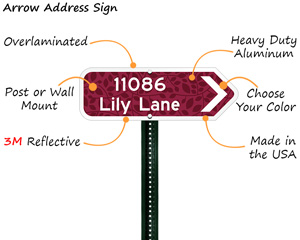 Metal arrow sign for street address
