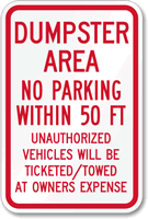 Dumpster Area Parking Vehicles Towed Sign