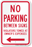 No Parking Between Signs (Left Arrow)