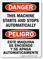 Danger Machine Starts Stops Automatically Bilingual Sign