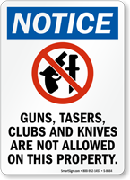 Guns Tasers Clubs & Knives Not Allowed Sign