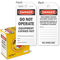 Danger Do Not Operate Equipment Locked Out Tag in a Box